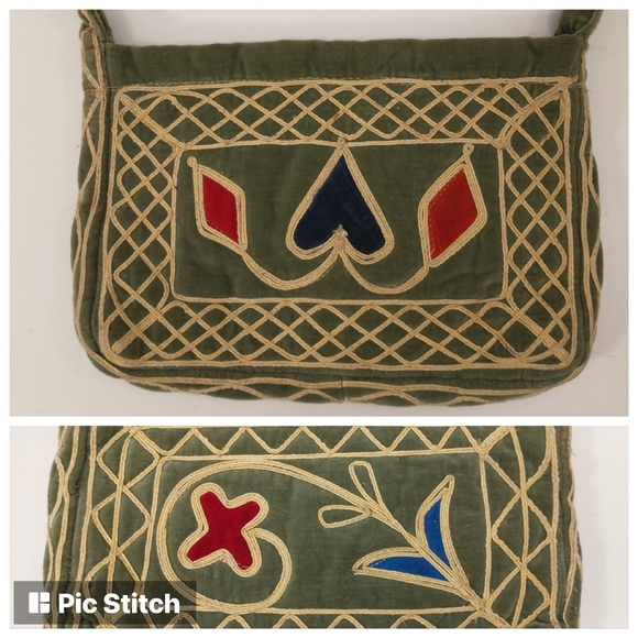 Vintage Handbags - Authentic 70s Vintage Bohemian Velvet Purse Cotton w Applique sm Boho Handbag